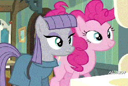 Size: 600x404 | Tagged: safe, screencap, maud pie, pinkie pie, earth pony, pony, g4, maud pie (episode), season 4, animated, duo, faic, female, great moments in animation, mare, maud being maud, pie sisters, pinkie being pinkie, rumbling, shaking, siblings, sisters