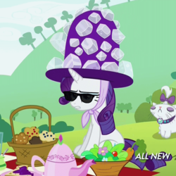 Size: 1000x1000 | Tagged: safe, edit, edited screencap, screencap, opalescence, rarity, cat, pony, unicorn, g4, maud pie (episode), all new, cropped, female, giant hat, hat, horn, mare, picnic, sunglasses, text