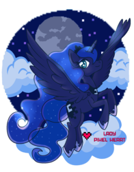 Size: 1024x1307 | Tagged: safe, artist:ladypixelheart, princess luna, g4, female, flying, partial background, solo