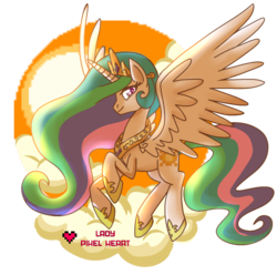 Size: 1024x1016 | Tagged: safe, artist:ladypixelheart, princess celestia, pony, g4, backlighting, cloud, colored pupils, cute, cutelestia, female, flying, heart, lidded eyes, looking at you, mare, partial background, simple background, smiling, solo, spread wings, sun, transparent background