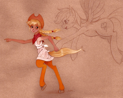 Size: 2283x1823 | Tagged: safe, artist:-fuchs-, rainbow dash, oc, oc:cinnamon cider, satyr, g4, clothes, colored, dress, flying, happy, holding hands, holding hooves, parent:applejack, pointing, running, sketch, smiling, spread wings, traditional art, wip