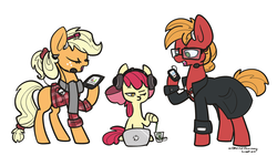 Size: 1280x768 | Tagged: safe, artist:otterlore, apple bloom, applejack, big macintosh, earth pony, pony, g4, apple siblings, computer, glasses, headphones, headset, hipster, ipad, iphone, ipod, laptop computer, macbook, macintosh (computer), male, stallion