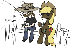 Size: 603x413 | Tagged: safe, artist:wryte, applejack, human, g4, blackjack and hookers, clothes, fishing rod, hat, pun, self insert, sunglasses, visual pun