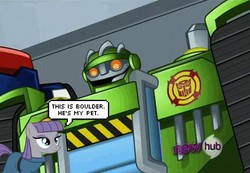 Size: 600x416 | Tagged: safe, boulder (g4), maud pie, g4, maud pie (episode), boulder, hub logo, meme, pun, the hub, transformers, transformers rescue bots