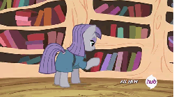 Size: 576x324 | Tagged: safe, screencap, maud pie, g4, maud pie (episode), animated, book, female, golden oaks library, hub logo, hubble, solo, subtitles, tail, tail hole, the hub