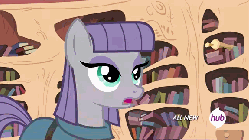 Size: 576x324 | Tagged: safe, screencap, maud pie, pinkie pie, g4, maud pie (episode), animated, book, female, golden oaks library, hub logo, hubble, ladder, subtitles, the hub