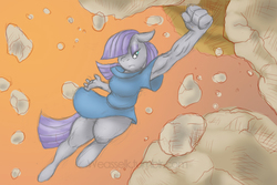 Size: 865x579 | Tagged: safe, artist:weasselk, maud pie, earth pony, anthro, g4, maud pie (episode), action pose, equestria's best big sister, female, maud pump, muscles, punch, rock, scene interpretation, sinewy, solo, strength