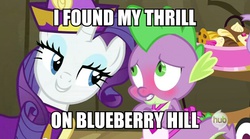 Size: 631x351 | Tagged: safe, edit, edited screencap, screencap, rarity, spike, dragon, pony, unicorn, dragon quest, g4, apron, blushing, caption, clothes, fats domino, female, hub logo, image macro, male, mare, meme, rarity's bad pickup lines, ship:sparity, shipping, straight