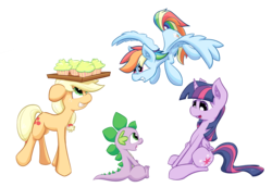 Size: 5465x3770 | Tagged: safe, artist:solipsus, applejack, rainbow dash, spike, twilight sparkle, alicorn, pony, g4, cupcake, female, food, mare, twilight sparkle (alicorn)