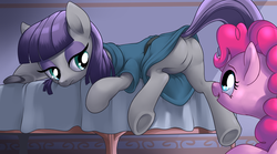 Size: 1280x712 | Tagged: safe, artist:stoic5, maud pie, pinkie pie, earth pony, pony, g4, butt, clothes, cute, dock, eyes on the prize, featureless crotch, female, looking at butt, looking back, mare, open mouth, plot, prone, sisters, skirt, underhoof, upskirt