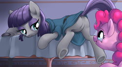 Size: 1280x712 | Tagged: safe, artist:stoic5, maud pie, pinkie pie, earth pony, pony, g4, boulder buns, butt, clothes, cute, dock, eyes on the prize, featureless crotch, female, looking at butt, looking back, mare, open mouth, plot, prone, sisters, skirt, underhoof, upskirt