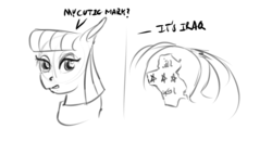 Size: 1056x600 | Tagged: safe, artist:archonix, maud pie, g4, maud pie (episode), my little pony: friendship is magic, bad pun, cutie mark, iraq, monochrome, sketch