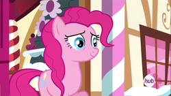 Size: 1366x768 | Tagged: safe, screencap, pinkie pie, pony, g4, maud pie (episode), my little pony: friendship is magic, female, hub logo, pinkamena diane pie, solo