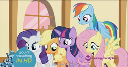 Size: 1440x763 | Tagged: safe, screencap, applejack, fluttershy, rainbow dash, rarity, twilight sparkle, alicorn, pony, g4, maud pie (episode), female, mare, meme, twilight sparkle (alicorn), youtube caption