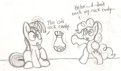 Size: 930x545 | Tagged: artist needed, safe, pinkie pie, twilight sparkle, g4, maud pie (episode), comic, drugs, monochrome