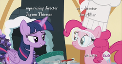 Size: 1440x761 | Tagged: safe, screencap, pinkie pie, twilight sparkle, alicorn, pony, g4, maud pie (episode), all new, chef's hat, female, hat, hub logo, mare, meme, text, twilight sparkle (alicorn), youtube caption