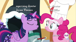 Size: 1920x1080 | Tagged: safe, screencap, pinkie pie, twilight sparkle, alicorn, pony, g4, maud pie (episode), all new, female, hub logo, mare, out of context, twilight sparkle (alicorn)