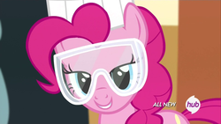 Size: 1920x1080 | Tagged: safe, screencap, pinkie pie, g4, maud pie (episode), female, hub logo, lidded eyes, safety goggles, solo