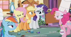 Size: 1440x762 | Tagged: safe, screencap, applejack, fluttershy, pinkie pie, rainbow dash, rarity, g4, maud pie (episode), chubby, hub logo, meme, rock candy, weight gain, youtube caption