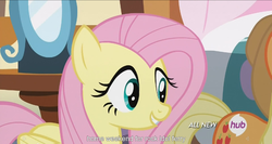 Size: 1438x763 | Tagged: safe, screencap, applejack, fluttershy, g4, maud pie (episode), hub logo, meme, youtube caption