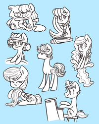 Size: 2000x2500 | Tagged: safe, artist:looji, oc, oc only, oc:crinklecut, oc:gumdrop, oc:iconicflash, oc:redrecord, oc:tulipa, earth pony, pegasus, pony, unicorn, blue background, blush lines, blushing, bow, doodle dump, female, flying, folded wings, hair bow, high res, hug, limited palette, male, mare, musical instrument, piano, plushie, simple background, sitting, sketch dump, stallion, standing, teddy bear, wings