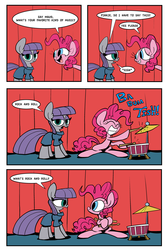 Size: 3000x4500 | Tagged: safe, artist:joeywaggoner, maud pie, pinkie pie, earth pony, pony, maud pie (episode), ba dum tss, comic, confused, cute, dialogue, drum set, drums, eye contact, eyes closed, frown, grin, hilarious in hindsight, hoof hold, lidded eyes, looking at each other, looking at you, looking back, musical instrument, open mouth, pinkie being pinkie, rimshot, sitting, smiling, speech bubble, squee