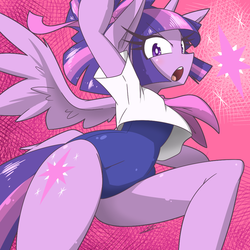 Size: 1000x1000 | Tagged: safe, artist:red-poni, twilight sparkle, alicorn, anthro, unguligrade anthro, g4, arm hooves, clothes, female, one-piece swimsuit, open mouth, school swimsuit, solo, sukumizu, swimsuit, twilight sparkle (alicorn)