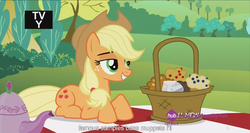 Size: 1439x763 | Tagged: safe, screencap, applejack, g4, maud pie (episode), female, hub logo, meme, prone, solo, youtube caption