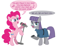 Size: 1600x1200 | Tagged: safe, artist:raggyrabbit94, maud pie, pinkie pie, g4, maud pie (episode), bipedal, microphone, queen (band), rock, simple background, singing, transparent background, we will rock you