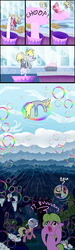 Size: 1500x5000 | Tagged: safe, artist:cgeta, daisy, derpy hooves, flower wishes, lily, lily valley, pinkie pie, roseluck, pegasus, pony, g4, bubble, comic, cotton candy cloud, eye scream, female, flower trio, food, mare, soap, sugar (food), this did not end well, weather factory