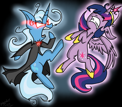 Size: 1006x876 | Tagged: safe, artist:daisy-dictator, trixie, twilight sparkle, alicorn, pony, g4, alicorn amulet, big crown thingy, cape, clothes, female, fight, mare, twilight sparkle (alicorn)