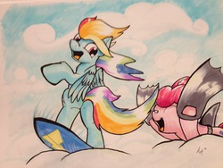 Size: 1280x960 | Tagged: safe, artist:kittyhawk-contrail, pinkie pie, rainbow dash, g4, cloud, cloudy, surfing