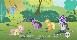 Size: 1438x763 | Tagged: safe, screencap, applejack, fluttershy, rainbow dash, rarity, twilight sparkle, alicorn, pony, g4, maud pie (episode), female, hub logo, mare, meme, twilight sparkle (alicorn), youtube caption