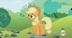 Size: 1438x763 | Tagged: safe, screencap, applejack, g4, maud pie (episode), female, hub logo, meme, solo, youtube caption