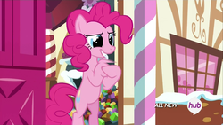 Size: 1920x1080 | Tagged: safe, screencap, pinkie pie, g4, maud pie (episode), animation error, female, hub logo, solo