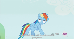 Size: 1439x762 | Tagged: safe, screencap, rainbow dash, g4, maud pie (episode), female, flying, hub logo, meme, solo, youtube caption