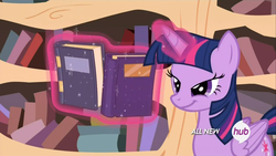 Size: 1440x810 | Tagged: safe, screencap, twilight sparkle, alicorn, pony, g4, maud pie (episode), book, female, hub logo, mare, solo, twilight sparkle (alicorn)