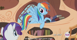 Size: 1439x761 | Tagged: safe, screencap, rainbow dash, rarity, g4, maud pie (episode), hub logo, meme, youtube caption