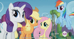 Size: 1439x761 | Tagged: safe, screencap, applejack, fluttershy, rainbow dash, rarity, g4, maud pie (episode), hub logo, meme, youtube caption