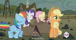 Size: 1439x760 | Tagged: safe, screencap, applejack, fluttershy, rainbow dash, rarity, g4, maud pie (episode), hub logo, meme, youtube caption