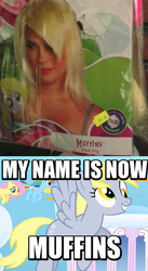 Size: 272x496 | Tagged: safe, derpy hooves, pegasus, pony, g4, official, female, image macro, mare, meme, merchandise, muffin, muffins(tm), wig