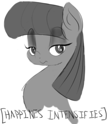 Size: 679x777 | Tagged: safe, artist:zev, maud pie, g4, maud pie (episode), female, grayscale, happy, looking at you, meme, misspelling, monochrome, solo, wavy mouth, x intensifies