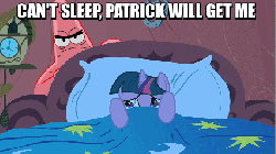 Size: 427x240 | Tagged: safe, edit, edited screencap, screencap, twilight sparkle, g4, animated, bed, can't sleep clown will eat me, female, image macro, lisa's first word, male, meme, patrick star, scared, spongebob squarepants, the simpsons, the spongebob squarepants movie