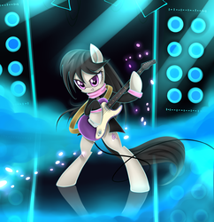 Size: 3000x3100 | Tagged: safe, artist:cyanaeolin, octavia melody, earth pony, pony, g4, bipedal, clothes, electric guitar, female, guitar, hard rock, high res, jacket, musical instrument, rock (music), rocktavia, scarf, solo, speaker