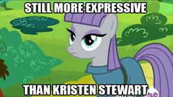 Size: 576x324 | Tagged: safe, edit, edited screencap, screencap, maud pie, earth pony, pony, g4, maud pie (episode), caption, expressionless face, female, grass, hub logo, image macro, impact font, kristen stewart, mare, maud being maud, maud pie may or may not be amused, meme, solo