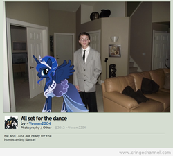 Size: 663x598 | Tagged: safe, princess luna, human, g4, canon x irl human, clothes, couch, deviantart, dress, forever alone, glasses, irl, irl human, meme, necktie, photo, text