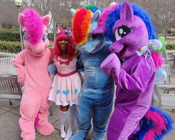 Size: 1280x1024 | Tagged: safe, artist:judhudson, artist:rainbowredwood, pinkie pie, rainbow dash, twilight sparkle, human, g4, cosplay, creepy, fursuit, irl, irl human, photo, wrong neighborhood