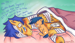 Size: 1024x594 | Tagged: safe, artist:dragonfoxgirl, flash sentry, pegasus, pony, g4, bandage, brothers, colt, crying, dialogue, equestria's best brother, injured, male, papa flash, stallion, story included
