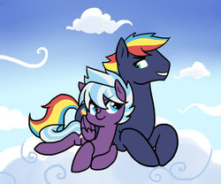 Size: 979x816 | Tagged: safe, artist:kianamai, oc, oc only, oc:prism bolt, oc:whirlwind, kilalaverse, cloud, cloudy, cuddling, grin, next generation, offspring, parent:cloudchaser, parent:rainbow dash, parent:soarin', parent:thunderlane, parents:soarindash, parents:thunderchaser, prone, smiling, snuggling, story included