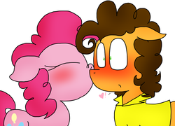 Size: 1024x736 | Tagged: safe, artist:candythehedgebatcat9, cheese sandwich, pinkie pie, g4, blushing, cheek kiss, eyes closed, female, heart, kissing, male, nose wrinkle, ship:cheesepie, shipping, straight, surprise kiss, surprised